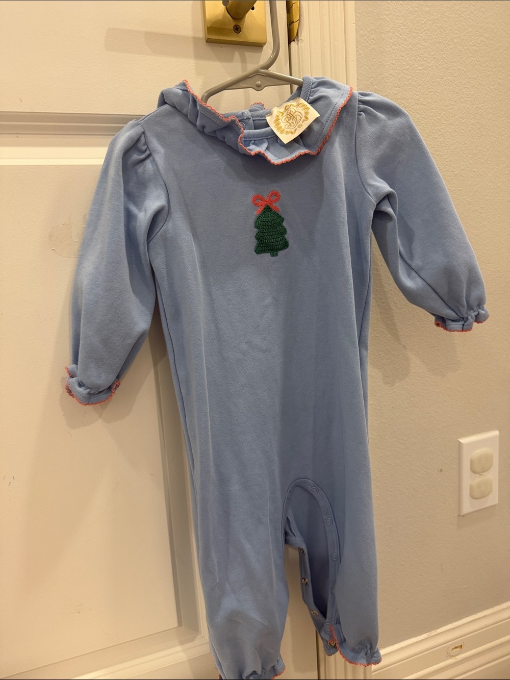Beaufort bonnet Blue Holiday Tree Embroidered One-Piece for Kids